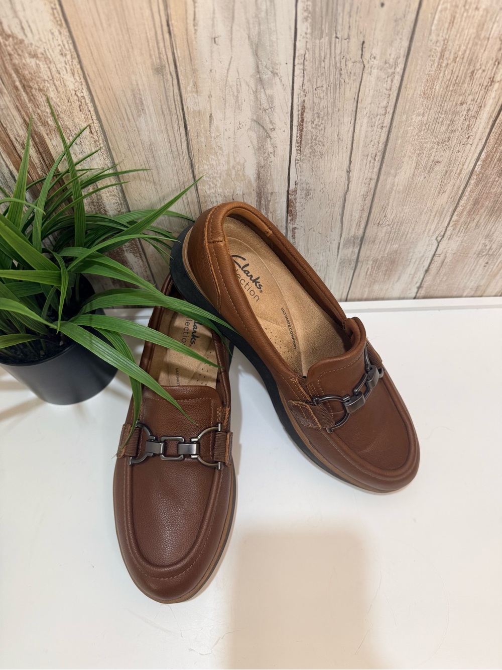 Clarks Brown Leather Slip-On Loafers with Horsebit Detail